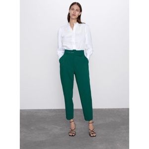 Green Zara High Waisted Belted Trousers